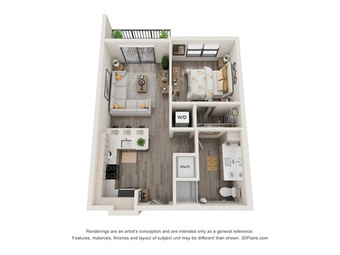 Floor plan for 1 bed, 1 bath, 626 sqft